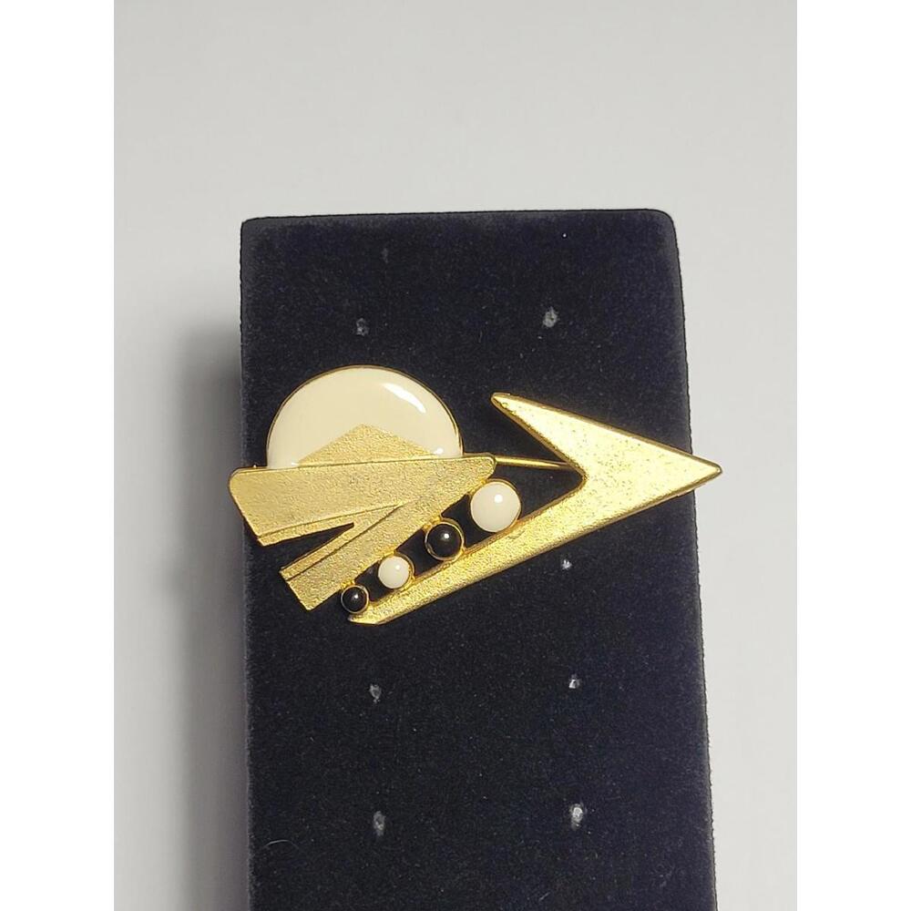 Vintage ACT V Brushed Gold Tone Modernist Abstract Brooch Pin Geometric Mid...